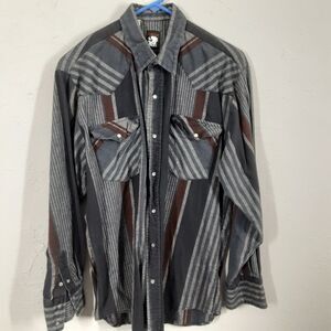 KARMAN Adult Mens L Pearl Snap Shirt Gray Cowboy Western Plaid Flannel